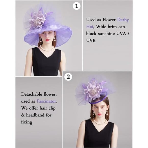 Women Organza Church Tea Party Hats Floral Purple main image 6